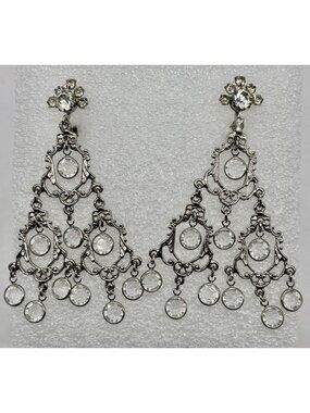 Vintage Rhinestone Silver-Tone Metal Chandelier Waterfall Clip Earrings Unsigned